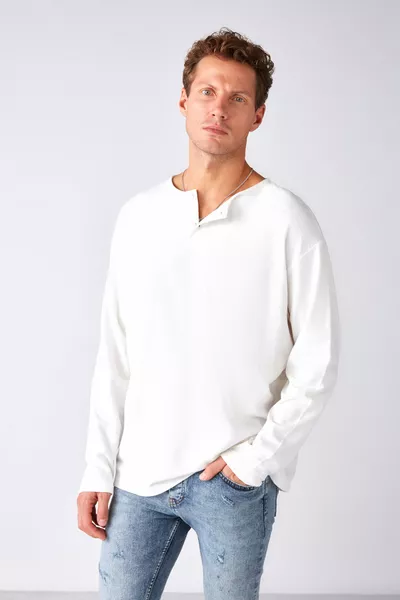 Lorenzo Men's Special Rustic Textured % Organic Cotton Button-Detail Regular Ecru Sweatshirt