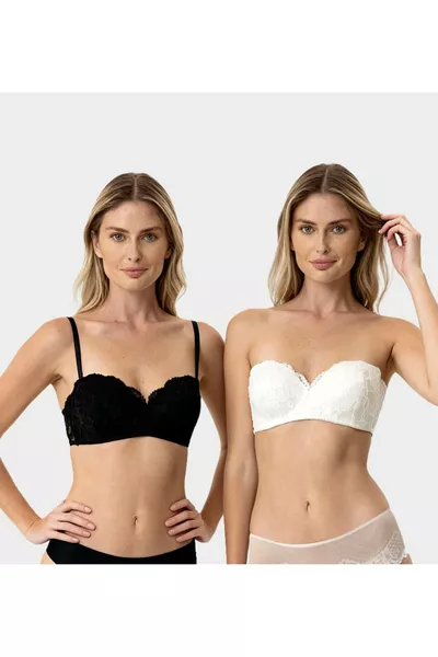 2-Piece Economic Set Black Beige  Ales Full Cup Non-Padded Lace Strapless Bra Set
