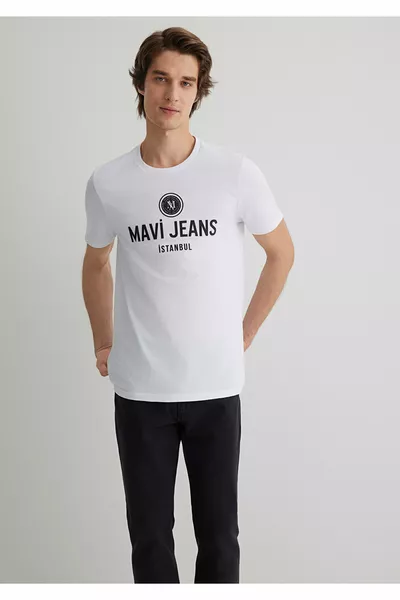 T-shirt bianca con stampa jeans Slim Fit / Taglio aderente 