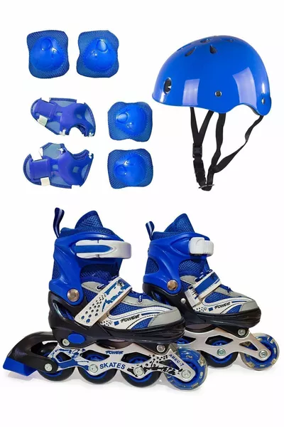 Set Originale Bambino Maschio Completo Blu con Casco, Pattini a Rotelle Regolabili e Protezioni