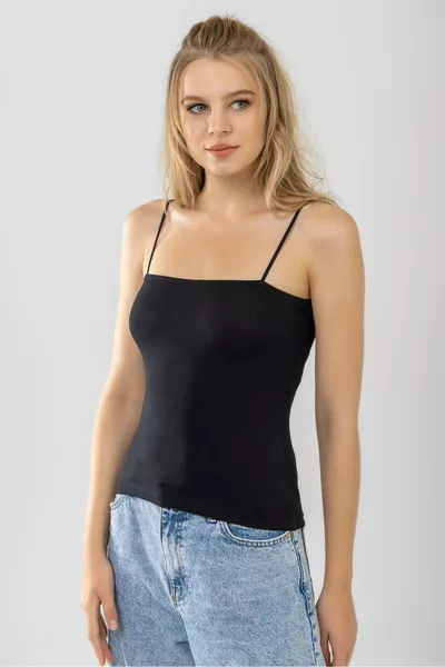 تيشيرت أساسي نسائي أسود من القطن بحمالات رفيعة