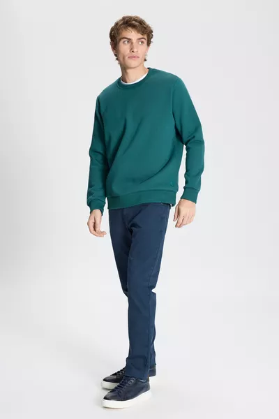Men's Dark Green Standard Fit Regular Cut Fleece-Lined 3-Ply Cotton Crewneck Sweatshirt