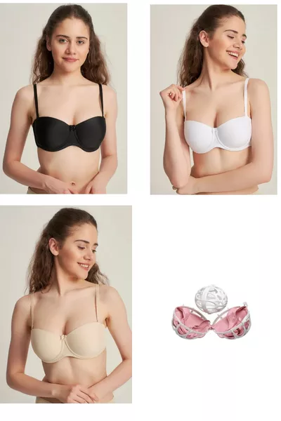 حمالة صدر نسائية بدون أشرطة مع حشوة وتدعمها اللون الأبيض، مجموعة من 3 قطع مع كرة غسيل
