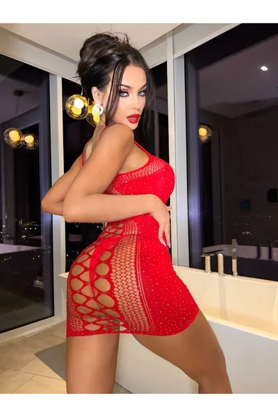 Women's Red Shiny Stone Fantasy Mini Dress Bodysuit