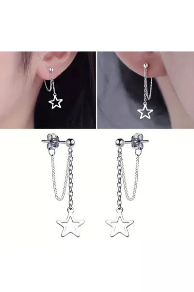 Women's Silver Steel Dangling Star Earrings