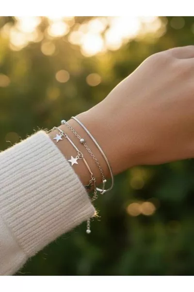 3-teiliges Damen Stern Armband Set – Silberfarbene Dorika Perlen Schmuck / Kombination Armband Set