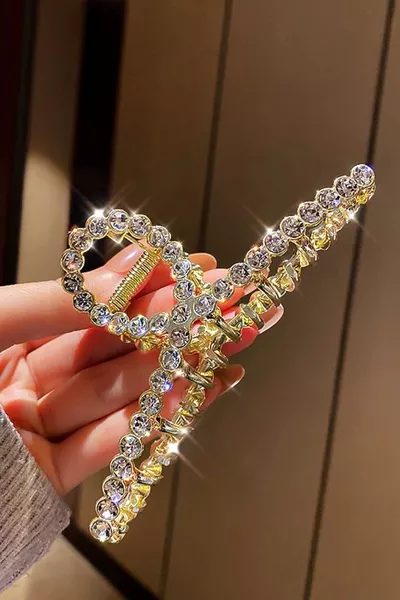 مشبك شعر معدني مطلي بالذهب للنساء بحجر زركون مقاس XL