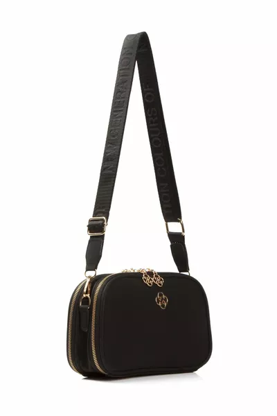 Women's Black Shoulder Bag with Clover Detail and Cross Strap