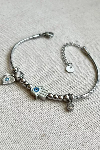 Steel 2 cm Hamsa Charm Model Women's Steel Bracelet – Silver Color | Tarnish-Resistant Women's Jewelry