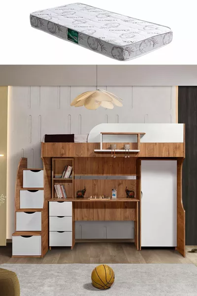 Bunk Bed, Litera Bunk Bed Wardrobe Desk, Dark Walnut-White 1 Piece Comfort Mattress
