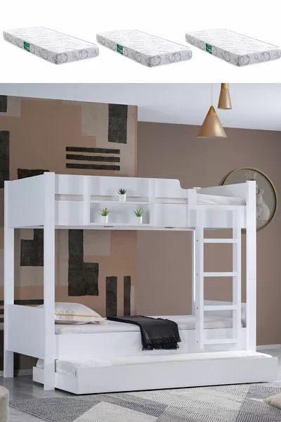سرير بطابقين، سرير بطابقين قابل للفصل مع سرير قابل للاستخراج للأطفال، مع 3 فرشات مريحة