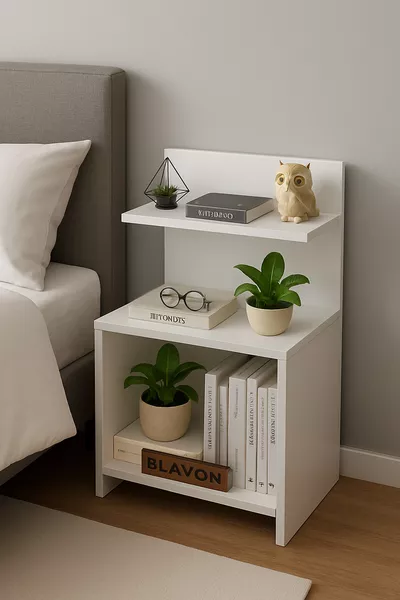 Бяла нощна шкафче с открити рафтове