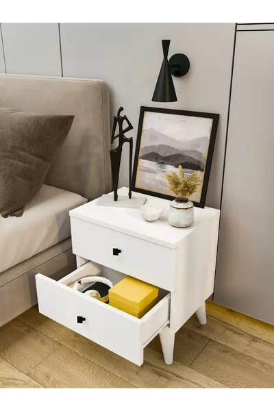 Komodin Parlak Beyaz 2 Çekmeceli Komodin Yatak Odası