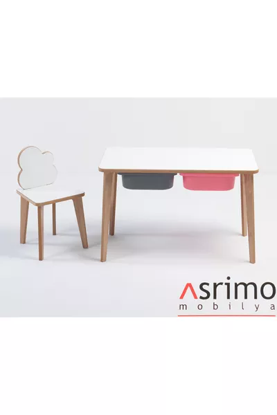 Wooden Kids Activity Table and Chair Set - Cloud Design, Wipeable Surface, With Drawer - Rectangular
