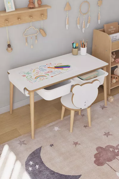 Tavolo da gioco e attività per bambini con carta da disegno a rotolo, 1 sedia e cassetto - Panda