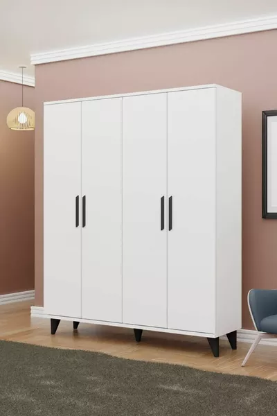 خزانة ملابس GM -A ذات 4 أبواب بمقابض سوداء وقاعدة خيالية