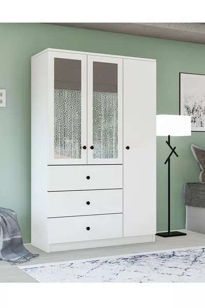 Gm  Ece Lux 3 Türen 3 Schubladen Kleiderschrank mit Spiegel und Griffknöpfen