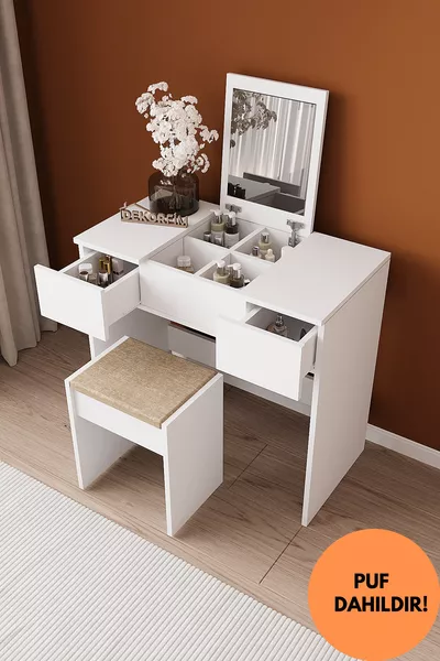 B Анка туалетный столик с зеркалом и пуфом, белый, с ящиками, органайзер, для спальни