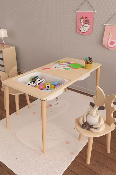 طاولة ألعاب ونشاطات متعددة الأغراض من خشب طبيعي غير مصبوغ مونتيسوري بتصميم توأم وثلاث سلال