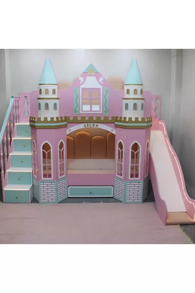 Letto a castello con scivolo da fiaba LUX con LED neon