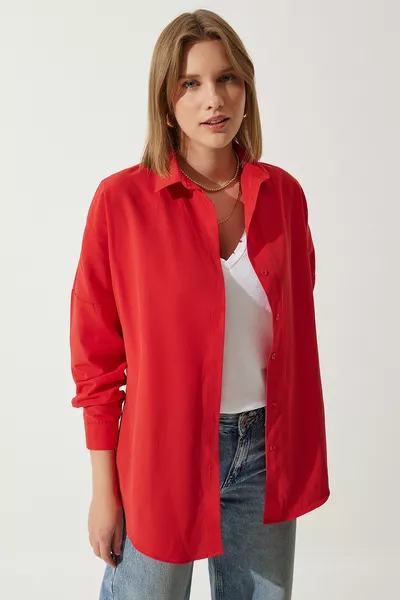 Women's Medium Red Oversize Long Basic Shirt 