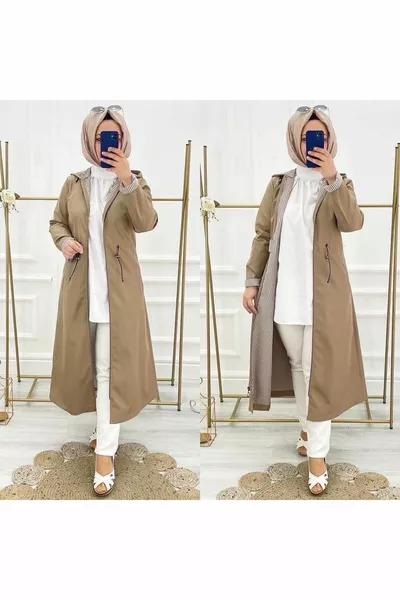 Beige striped inside and self-lining waterproof women's trench coat