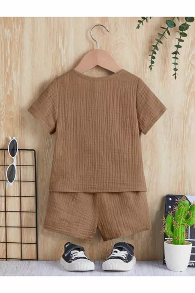 Unisex Baby & Kids % Cotton Buttoned Muslin Upper Bottom Shorts Set-Brown