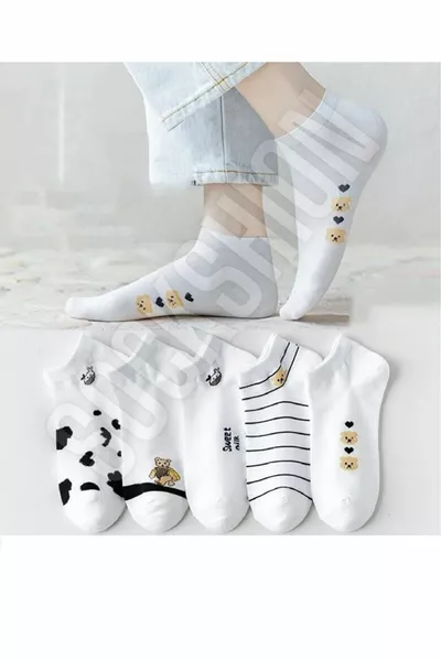 5 Paar Panda- und Kuh-Print Weißes Damen-Booty-Socken-Set