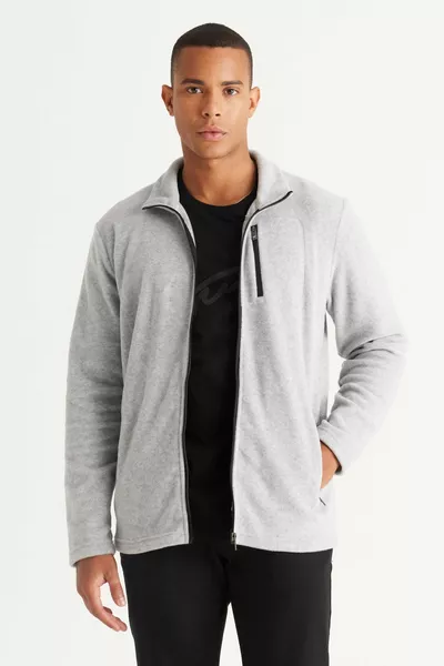 Men's Grey Melange Standard Fit Stand-Up Bato Collar Pocket Zipper Cold Proof Sweatshirt Fleece Jacket