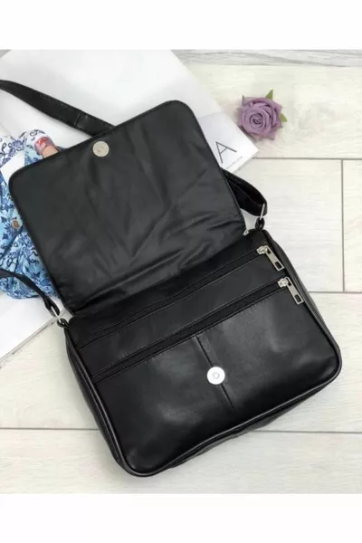 Sac à bandoulière moyen en cuir véritable léger et doux Noir  *  * 7 cm