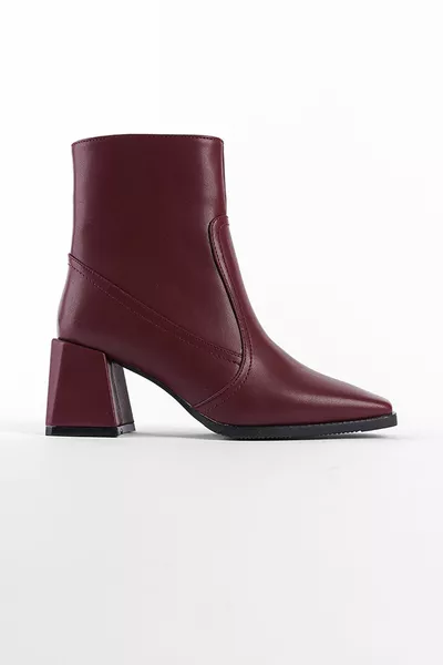 Blunt Toe Side Zippered Burgundy Women's Boots