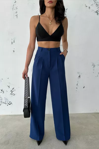 Marineblaue Palazzo-Hose aus plissiertem Stoff