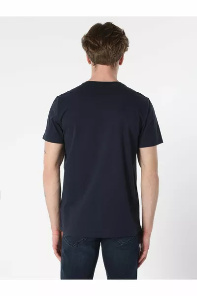 العادية صالح طاقم الرقبة الأساسية الأزرق الداكن الرجال قصيرة الأكمام تي شيرت