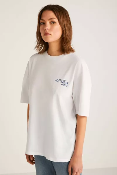 Finola Women's Oversize Front And Back Blue Lettering Detailed Short Sleeve White T-shirt