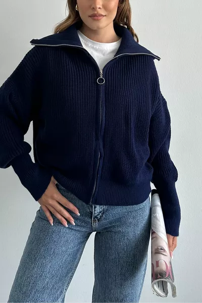 Темно-синий отложной воротник на молнии Кардиган