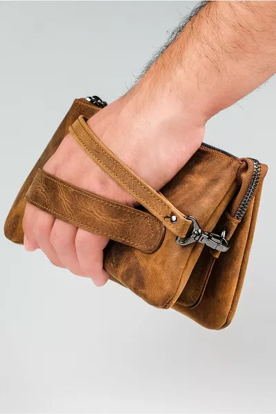 Sac à main unisexe % cuir - Cadeau pour hommes et femmes - Sac en cuir de veau véritable - Marron/Tan