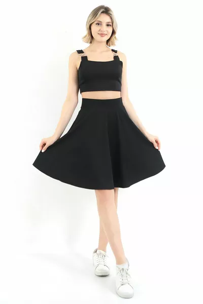 Women's Black Flared Ribbed Skirt