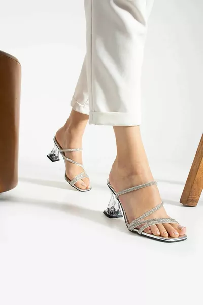 المرأة الفضة الحجر مفصلة شفافة أحذية السهرة ذات الكعب العالي