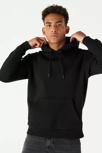 Men's Black Standard Fit Normal Cut In-Fleece 3 Thread Hooded Cotton Sweatshirt