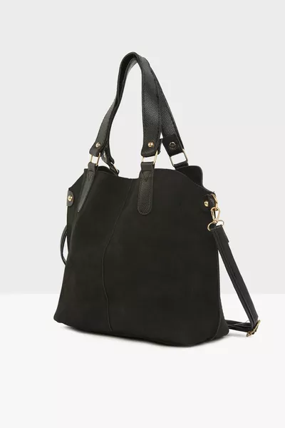 Black Women's Three Compartment Snap Detailed Nubuck Bag 
