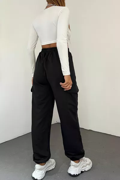 Schwarze Cargotasche Jogger Jogginghose für Damen