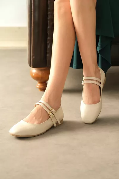 حذاء باليه مسطح رولا للسيدات - جلد الجلد