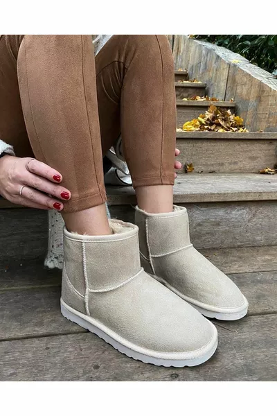 Women's Beige Mini Suede Boots Fur Winter Suit