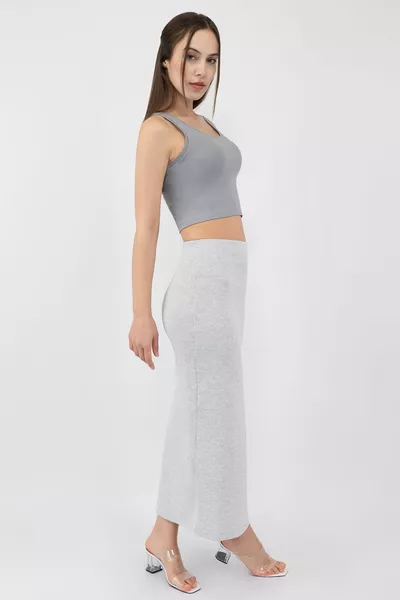 المرأة رمادي القطن مضلع محبوك شق قلم رصاص تنورة