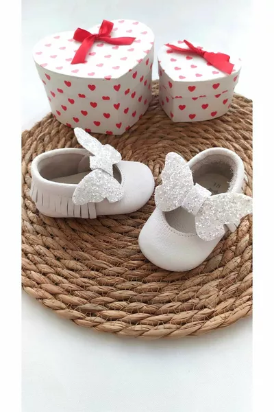 Bella Model Weiße Paillettenschleife Baby Loafers Babyschuhe