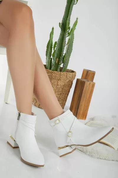 Bottes à talons courts pour femmes & Bottine à bout pointu Fermeture éclair Casual Double boucle perle pierre beige bottes