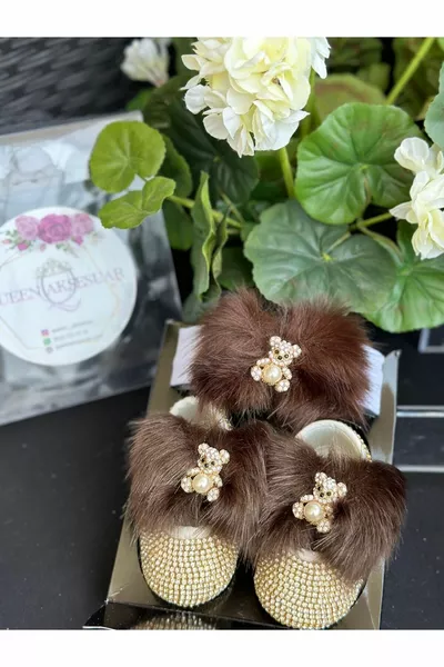 Luxe Parel Bruin Gevederde Teddybeer Broche Kristal Steen Verguld Ontwerp Baby Meisje Schoenen Laarsjes Hoofdband