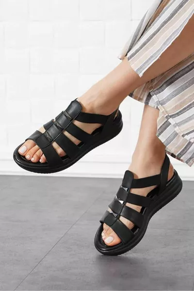 Feles Damen Sandalen mit Gummibändern SCHWARZ