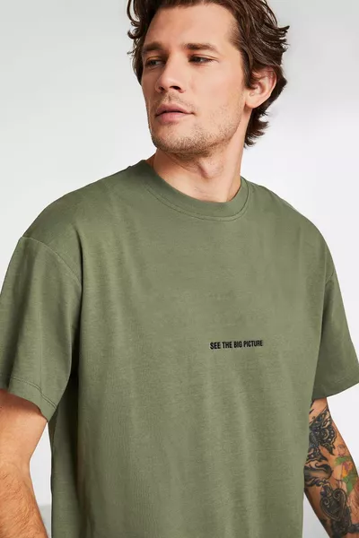 Rover Men's Embroidery Embroidered Oversize % Organic Cotton 3 Thread Knitted Khaki T-shirt