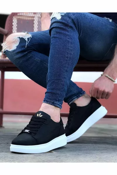  Черная повседневная мужская обувь на толстой подошве на шнуровке